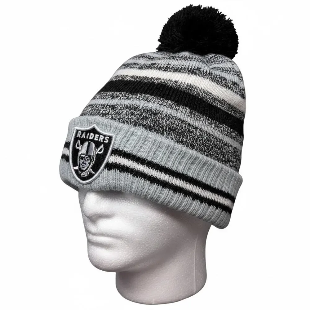 Las Vegas Raiders Knit Winter Hat Beanie New Era Pom Cap Gray Black Fleece Lined